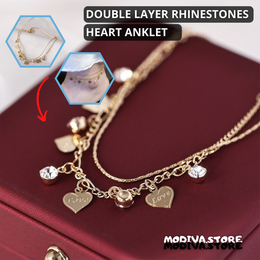 Double Layer Rhinestones Heart Anklet