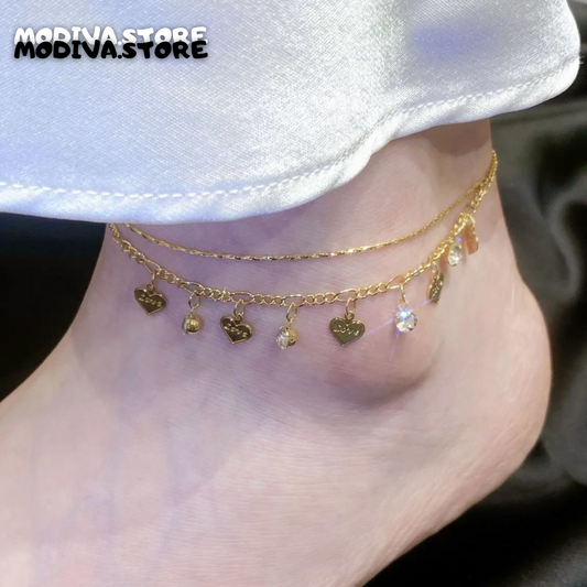 Double Layer Rhinestones Heart Anklet